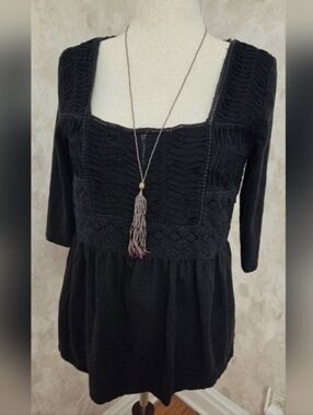Meadow Rue Black Boho Lace Peasant Top Crochet Babydoll Blouse Size L